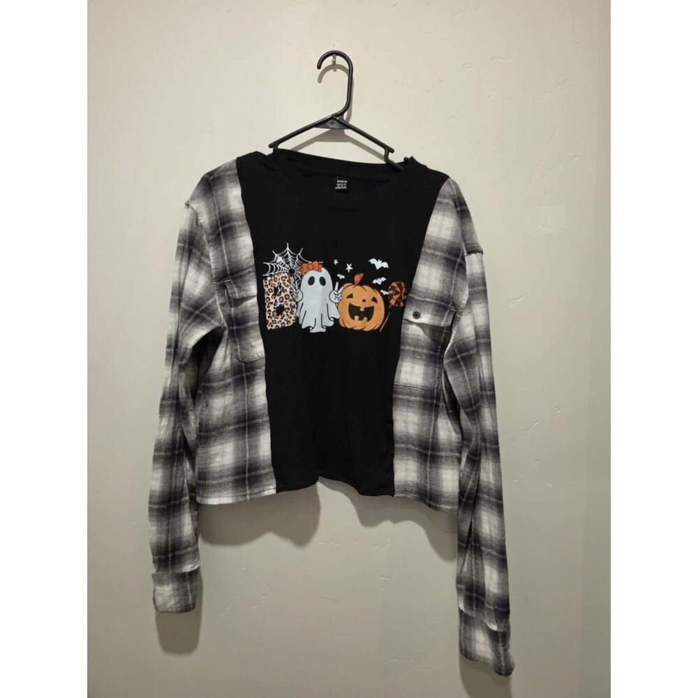 Rework Upcycle Grunge Oversize Cropped Halloween Pumpkin and Ghost Top XS/S